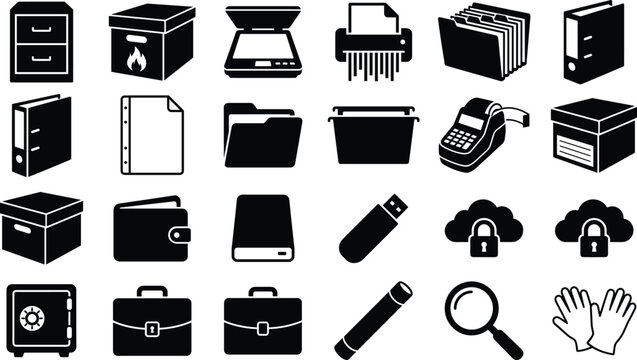 Set of office and business icons including file cabinets, folders, storage boxes, digital storage devices, and security tools