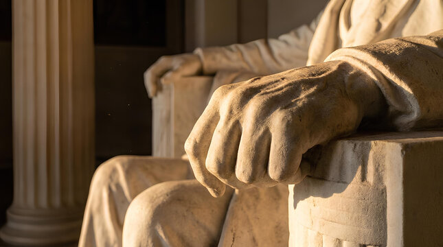 Close up of Lincoln Memorial statue hands and armrest in warm sunlight