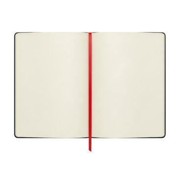 Open blank notebook with cream paper pages and a red ribbon bookmark placeholder isolated on white background