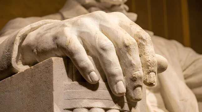 Close up of marble statue hand resting on stone showing detail and texture