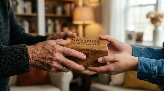Elderly hands passing a wooden savings box to younger hands representing generational wealth transfer.
