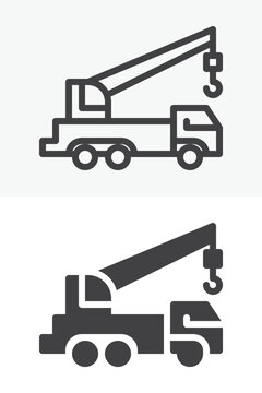Crane truck icon set with lifting boom and hook in line outline and solid styles. Editable stroke vector sign and symbol. Crane truck icon for construction transport.