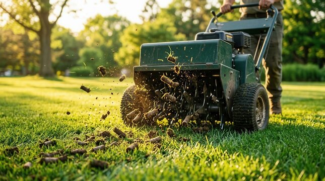 Lawn aerator machine performing soil aeration on a lush green grass garden.
