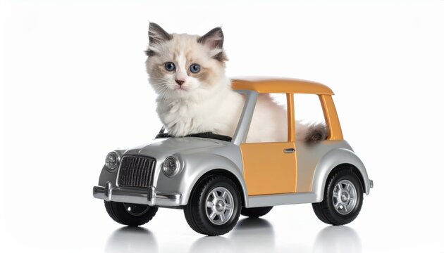 Fluffy ragdoll kitten sitting inside small toy car isolated against clean white background studio photography portrait