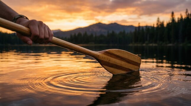 A person rowing with a wooden paddle in a lake during sunset golden hour.