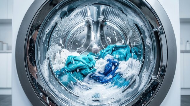Washing machine drum with turbulent water and abundant white soap foam.