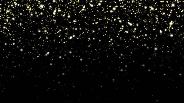 Golden confetti glitter rain falls elegantly on black backdrop in horizontal format. Sparkling particles create festive luxury shimmer for celebrations, awards, holidays, and gala events.