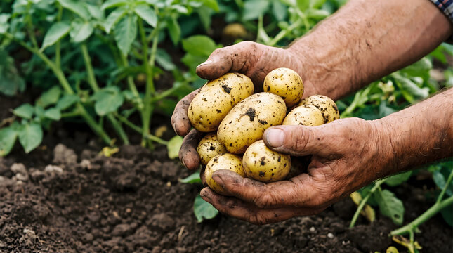 Farmer holding freshly harvested raw yellow potatoes in dirty hands outdoors in organic farm field concept