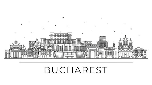 Bucharest Romania skyline line art illustration