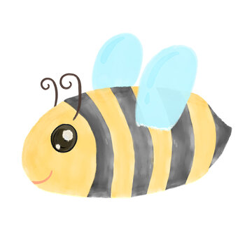 isolated watercolor bee, bumblebee, cute bee, cartoon bee, bee illustration, yellow bee, smiling bee, clip art, character design.