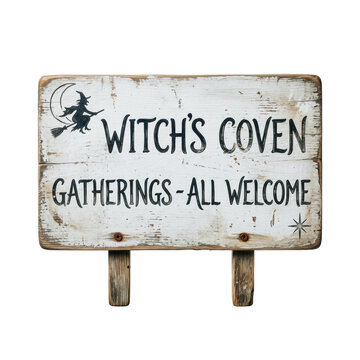 Witch's coven gathering sign on a rustic wooden board