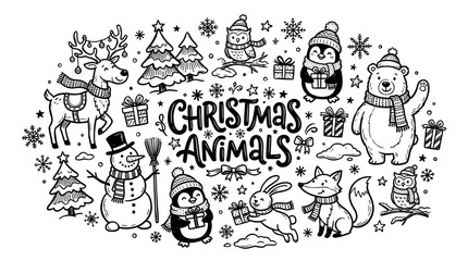Fototapeta premium Hand Drawn Christmas Animals and Festive Elements Doodle Set