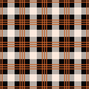 Classic black cream gray and burnt orange plaid forms balanced seamless check pattern for autumn textiles cozy fabric wrapping paper apparel decor backgrounds and traditional seasonal graphic design