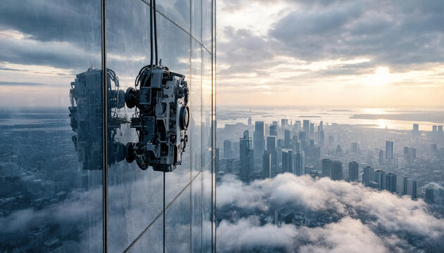 5G cellular base station antenna mounted on skyscraper glass facade overlooking city skyline above clouds