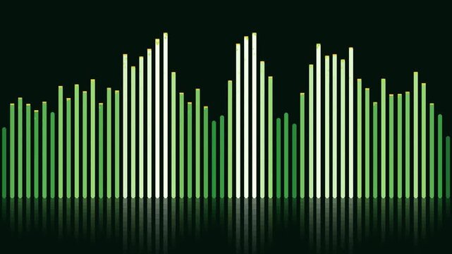 Seamless loop: animated spectrum bars pulsing in toxic green and white on dark void. Radioactive digital equalizer visualization with reflection. Edgy tech audio design for electronic gaming media.