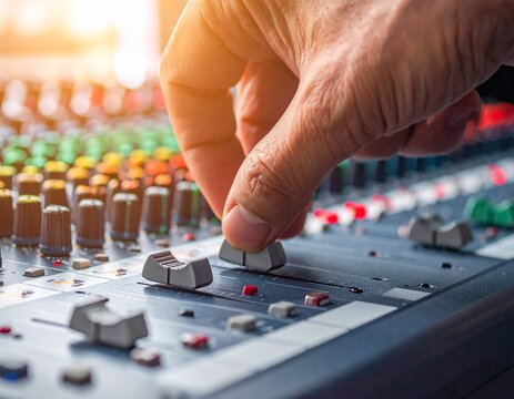 Close-up of a hand adjusting knobs on a professional audio mixing console with colorful faders, representing sound engineering, music production, and live event technology.

