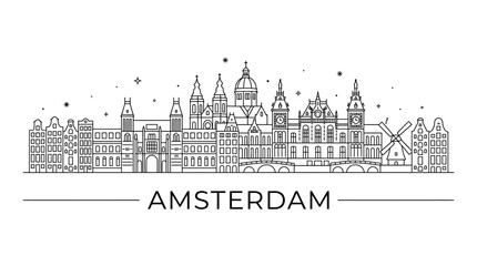 Obraz premium Amsterdam skyline line art on white.