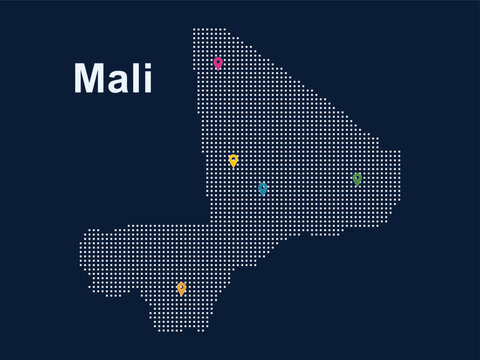 Dotted map of Mali with location pins