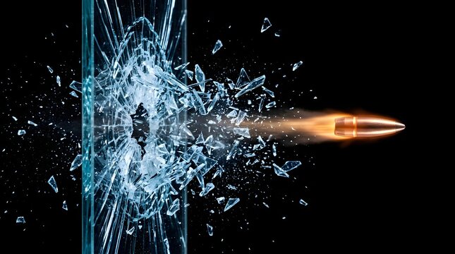 High-speed bullet piercing black surface creating explosive shatter and debris in slow motion capture