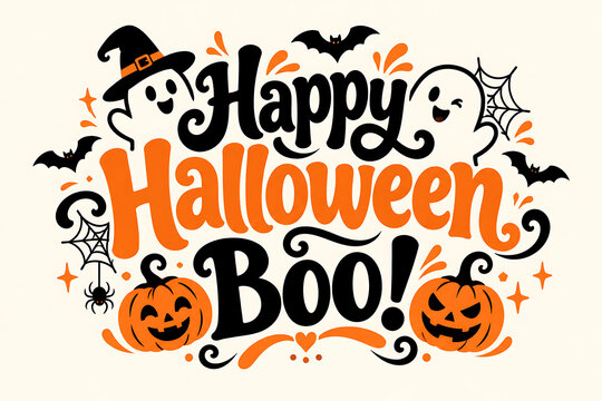 Happy halloween boo vector design with cute ghosts, jack o lantern pumpkins and bats, isolated on white background