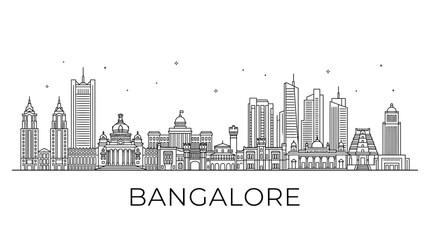 Fototapeta premium Bangalore India city skyline line art illustration.