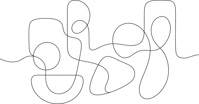 Abstract continuous line drawing features looping curves on a white background