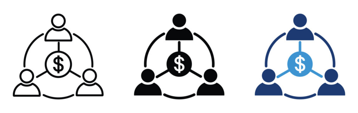 Affiliate marketing network and referral commission icon set with dollar symbol and connected people, outline, solid black and blue vector illustration isolated on transparent background