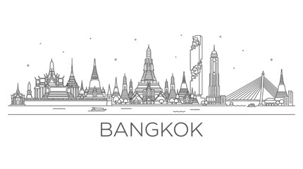 Fototapeta premium Bangkok skyline outline featuring Wat Arun and Grand Palace