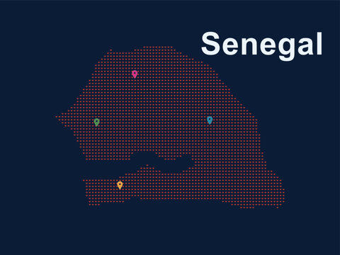 Dotted map of Senegal with location pins