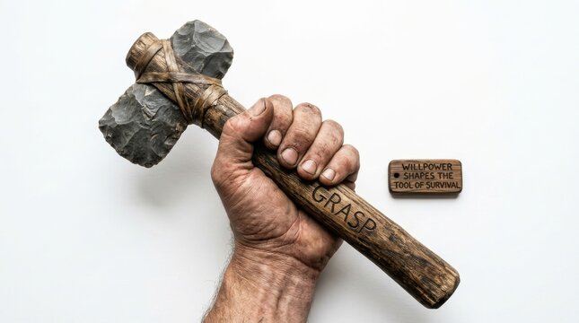 Hand holding ancient stone axe tool with willpower engraved