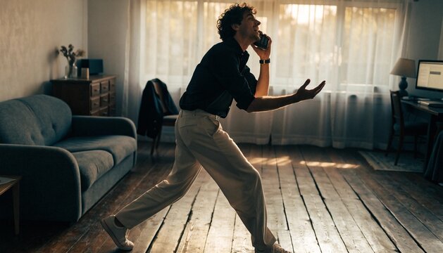 A co-founder pacing across a creaky wooden floorboards in a modest apartment living room while on a speakerphone call, gesturing emphatically with hands, soft afternoon backlight.  