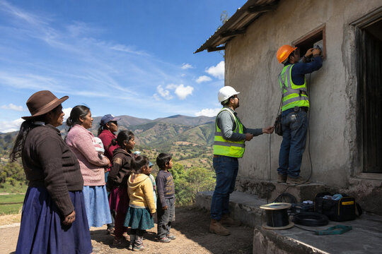 Technicians installing rural fiber broadband connection