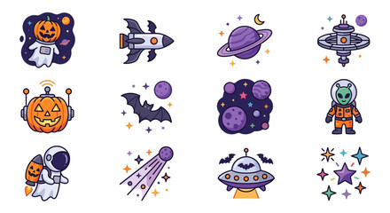 Halloween space icon set features pumpkin astronauts, alien characters, rockets, planets, and UFO flying saucers. © davidolgade