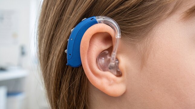 Close-up of a blue behind-the-ear hearing aid worn by a young person, featuring a custom earmold for hearing loss treatment and audiology.