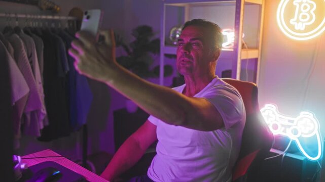 Man with extended arm holding smartphone taking a selfie while seated in a neon lit gaming studio with bitcoin sign, controller neon and clothing rack; focus.