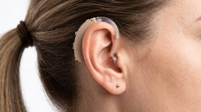 Close-up View of a Modern Beige Hearing Aid Discreetly Fitted Behind a Woman's Ear for Better Sound Quality and Auditory Health Support