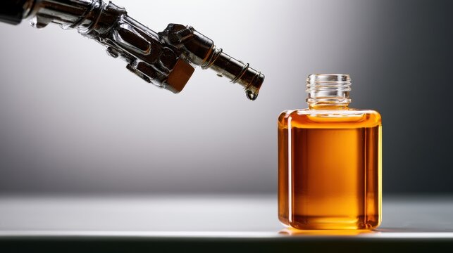 Fuel pump nozzle dispensing liquid into a clear bottle