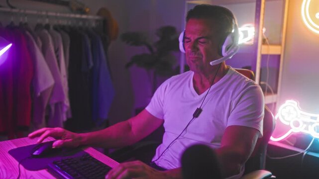 Man in white tee adjusts headset, moves mouse and gestures with hand beside neon controller sign at studio; focused calm.