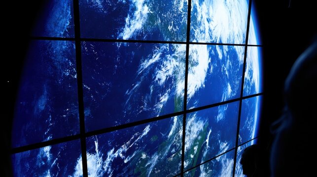 Global earth view with swirling clouds on a large screen