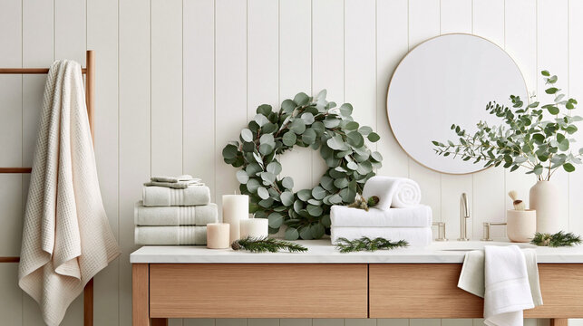 Modern bathroom interior featuring neatly stacked white towels, eucalyptus wreath, round mirror, and wooden vanity with decorative candles and greenery accents