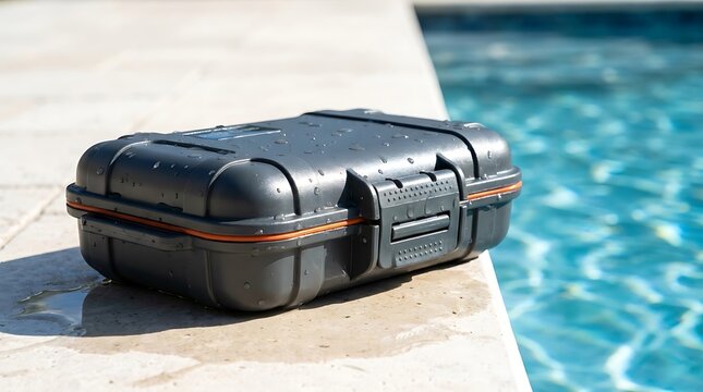 Black protective hard case sitting on the edge of a swimming pool. waterproof case solutions