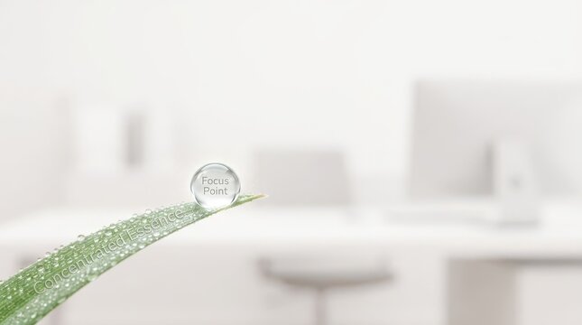 Dewdrop reflecting the words focus point on a green leaf