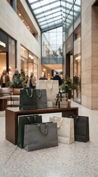 Assorted shopping bags of various colors and textures are displayed in an elegant mall, evoking a sense of luxury and retail therapy.