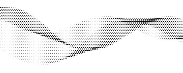 Black halftone wave background. Dotted curved flow wallpaper. Abstract textured grainy fluid backdrop. Vector grit pop art swoosh element for poster, banner, overlay, card, brochure, flyer, leaflet