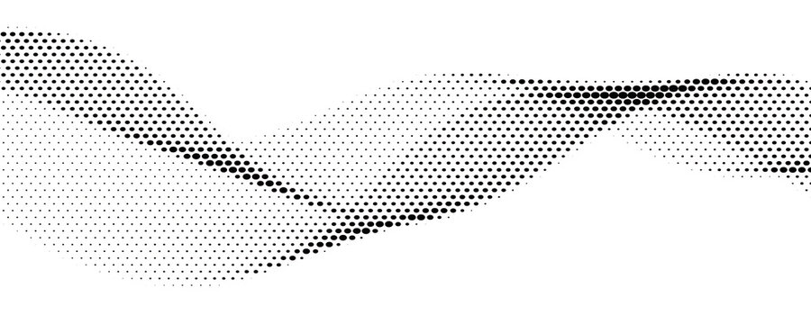 Black halftone wave background. Dotted curved flow wallpaper. Abstract textured grainy fluid backdrop. Vector grit pop art swoosh element for poster, banner, overlay, card, brochure, flyer, leaflet