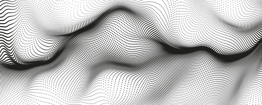 Black halftone wave background. Dotted curved flow wallpaper. Abstract textured grainy fluid backdrop. Vector grit pop art swoosh element for poster, banner, overlay, card, brochure, flyer, leaflet