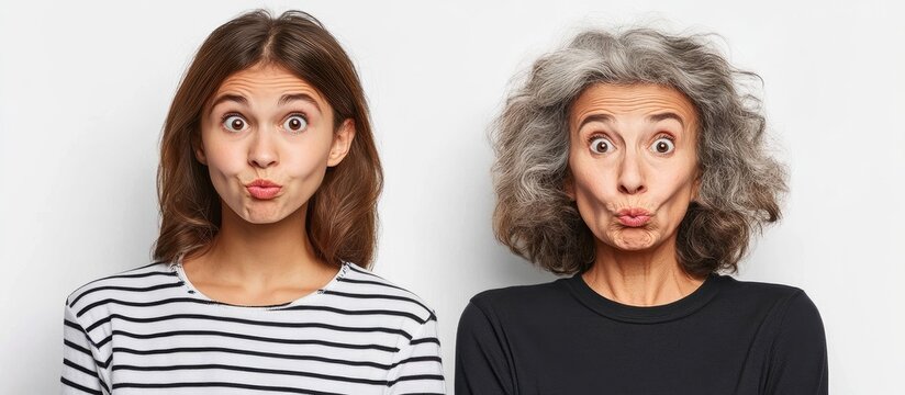 Young Woman and Senior Lady Making Funny Pouty Faces Together, Showcasing a Playful Generational Bond