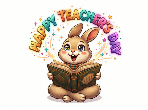 Cute cartoon bunny reading book with "Happy Teachers Day" text celebration for education and knowledge concept for kids.