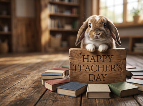 Adorable lop-eared rabbit sits behind a wooden sign saying "Happy Teachers Day" surrounded by books on a wooden floor.
