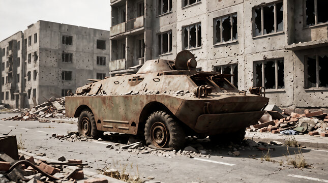 Destroyed Armored Military Vehicle on Street of Damaged War Torn City